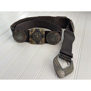 Chico’s Braided Leather Medallion Statement Wide Belt (Size M) Made In India